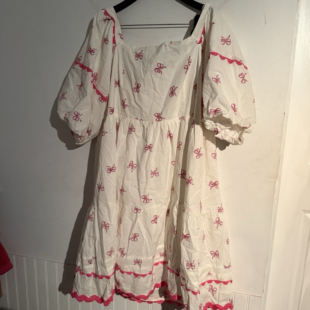 Chic Soul 3X Dress Babydoll Puff Sleeve Pink Bow Embroidered Scallop Coquette